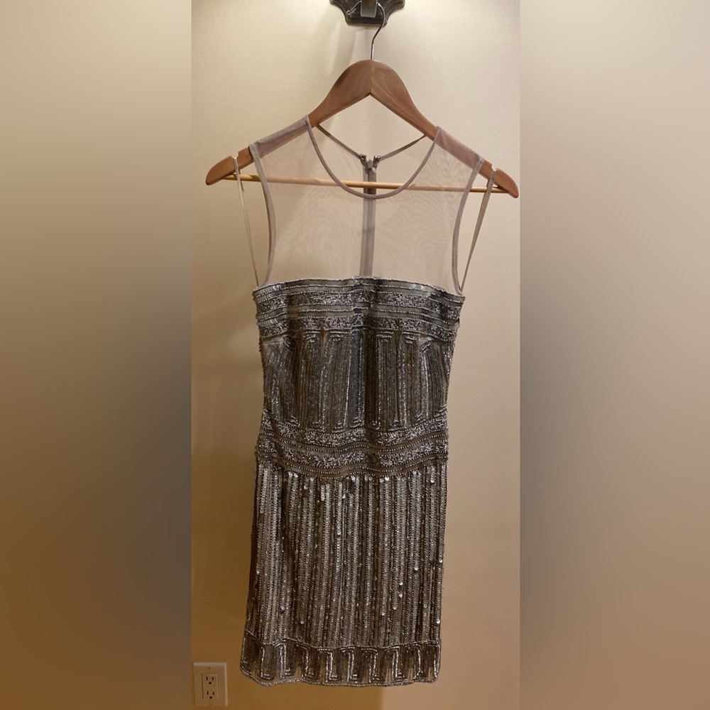 Jovani Beaded Silver Evening Dress with Sheer Yoke Dress